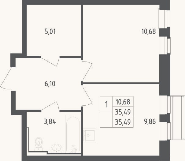 Планировка: 1-к, 35,5 м²