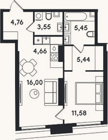 Планировка: 2-к, 51,4 м²