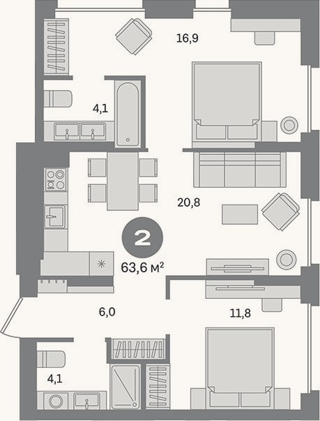 Планировка: 2-к, 63,6 м²