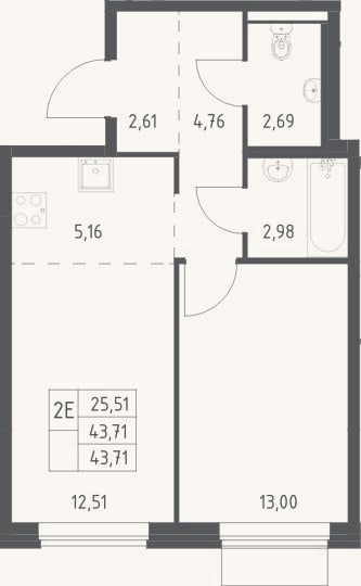 Планировка: 2-к, 43,7 м²