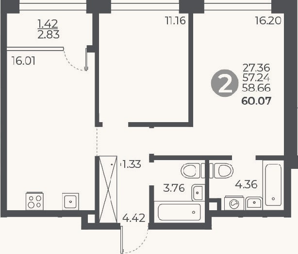 Планировка: 2-к, 57,2 м²