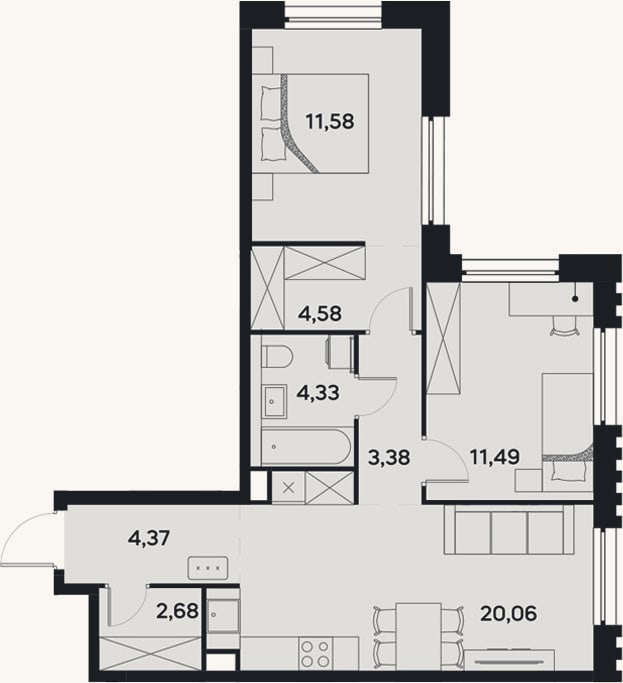 Планировка: 3-к, 62,5 м²