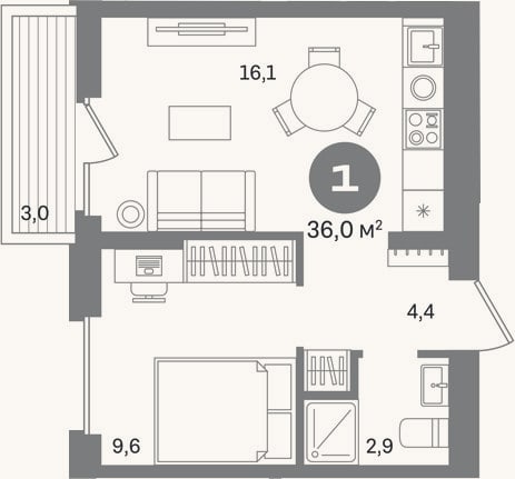 Планировка: 1-к, 33 м²