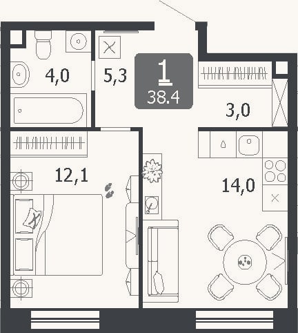Планировка: 1-к, 38,4 м²