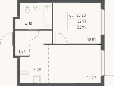 Планировка: 2-к, 32,9 м²