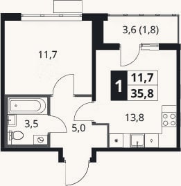 Планировка: 1-к, 34,1 м²