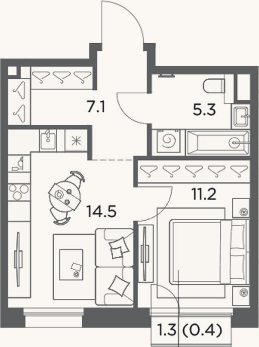 Планировка: 1-к, 38,1 м²