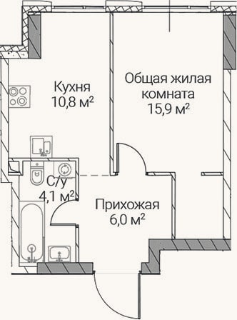 Планировка: 1-к, 36,8 м²