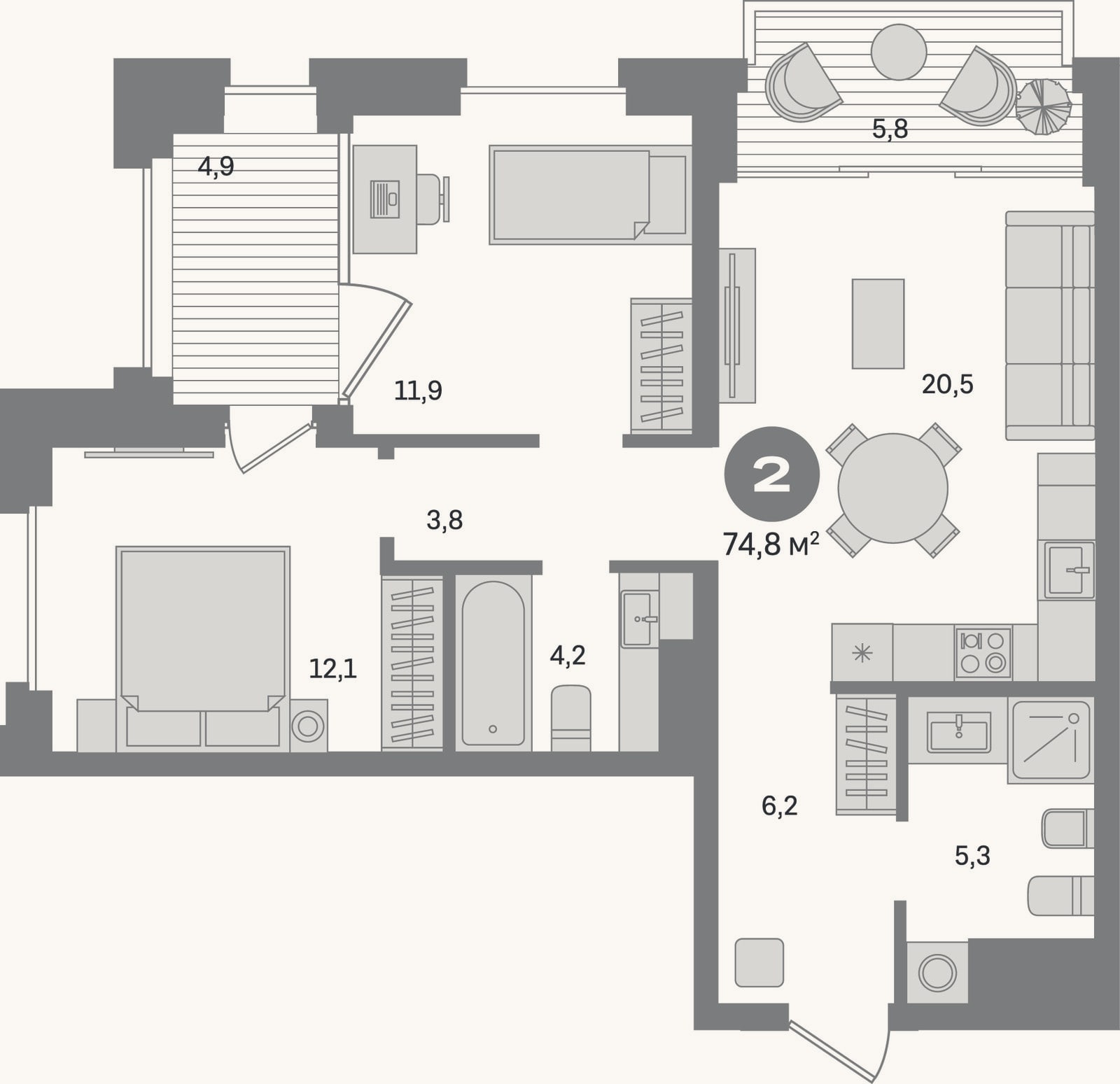 Планировка: 2-к, 64,1 м²