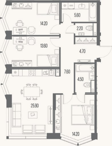 Планировка: 3-к, 92,5 м²