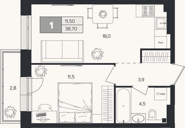 Планировка: 1-к, 37,9 м²