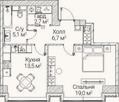 Планировка: 1-к, 47 м²