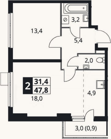 Планировка: 2-к, 46,9 м²