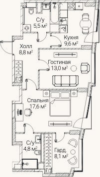 Планировка: 2-к, 68 м²