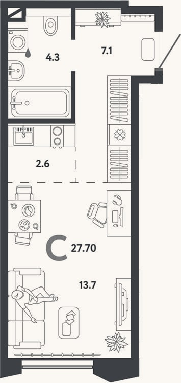Планировка: Студия, 27,7 м²