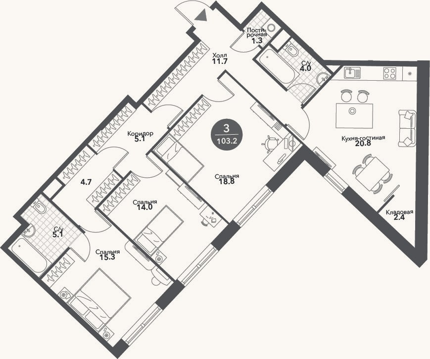Планировка: 4+ к, 103,2 м²