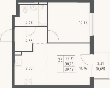 Планировка: 2-к, 38,8 м²