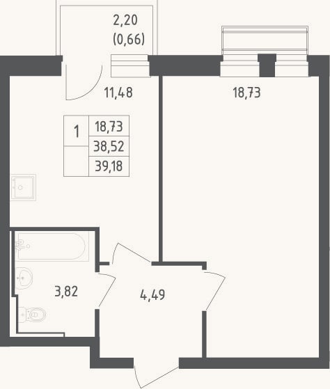 Планировка: 1-к, 38,5 м²