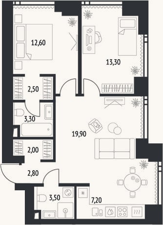 Планировка: 3-к, 70,4 м²