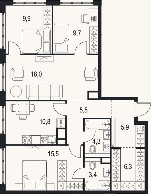 Планировка: 4+ к, 89,3 м²