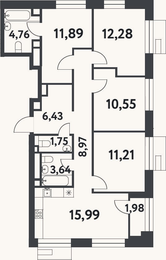 Планировка: 3-к, 87,5 м²