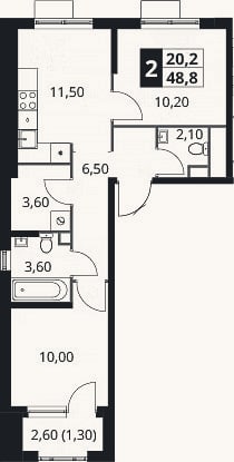 Планировка: 2-к, 47,5 м²