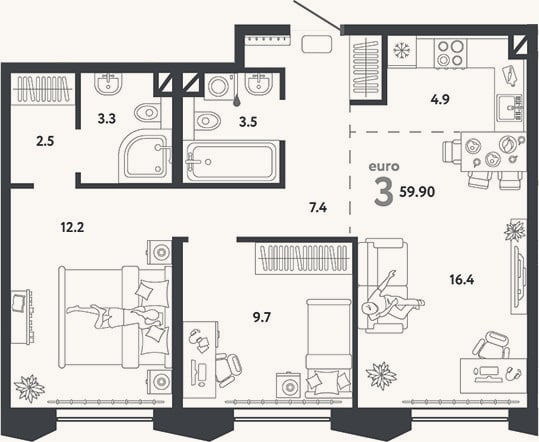 Планировка: 3-к, 59,9 м²