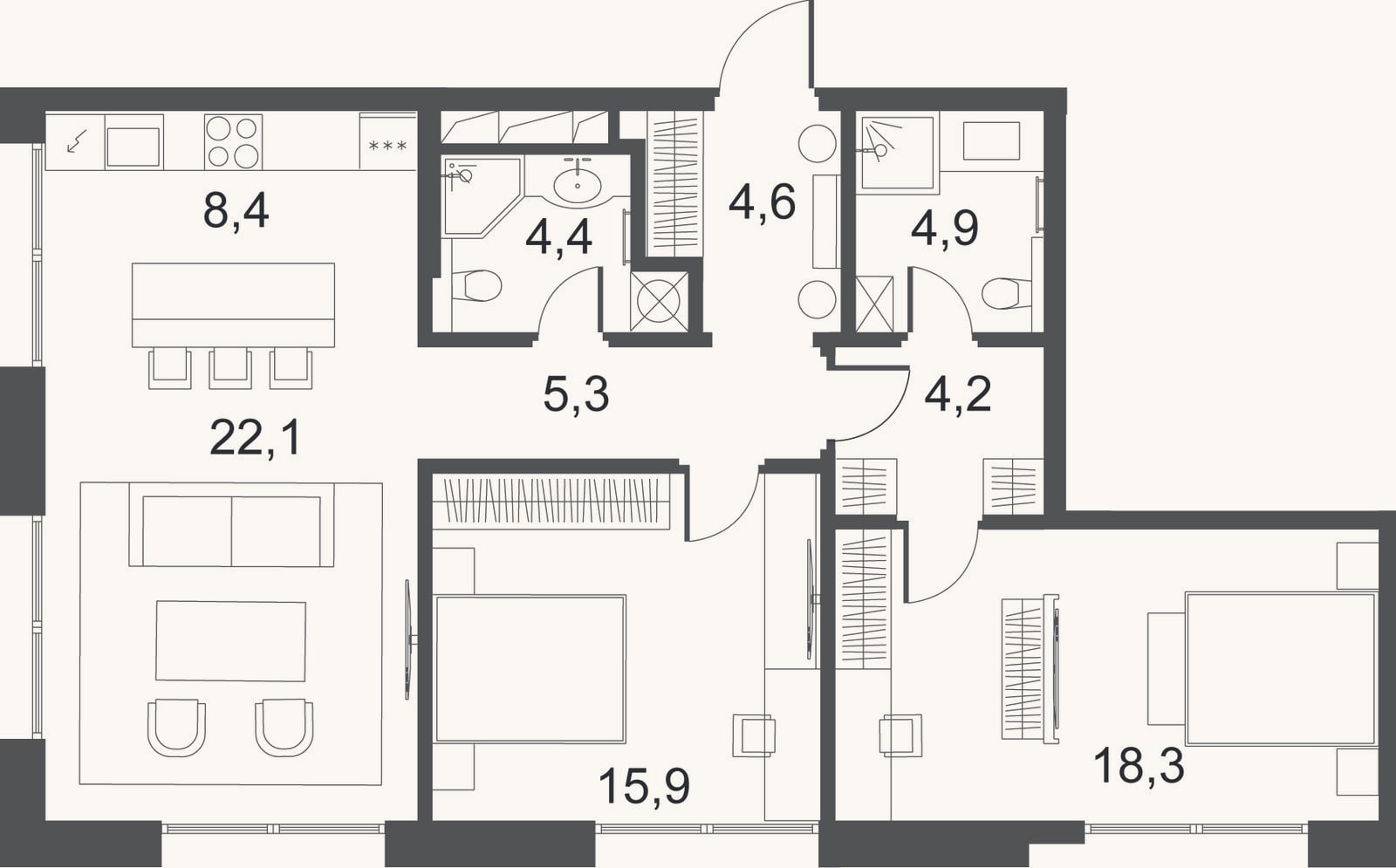 Планировка: 3-к, 88,1 м²