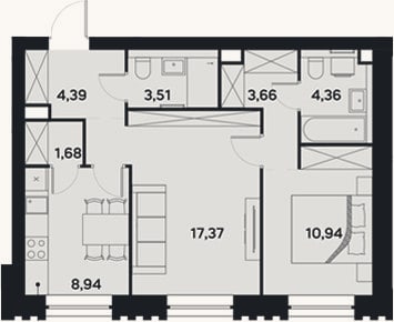 Планировка: 2-к, 54,9 м²