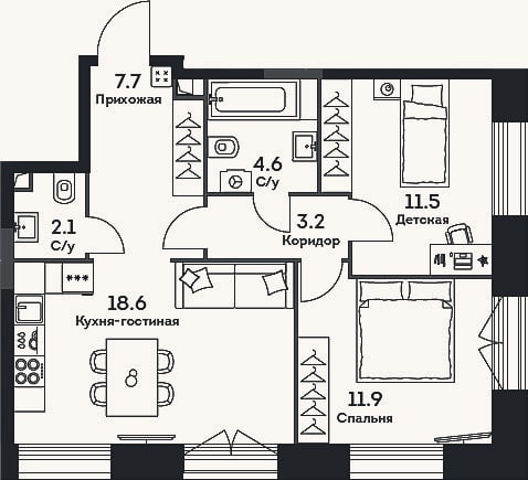 Планировка: 3-к, 59,6 м²