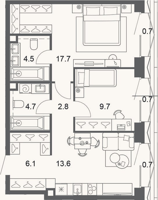 Планировка: 3-к, 57,6 м²