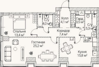 Планировка: 2-к, 78,6 м²