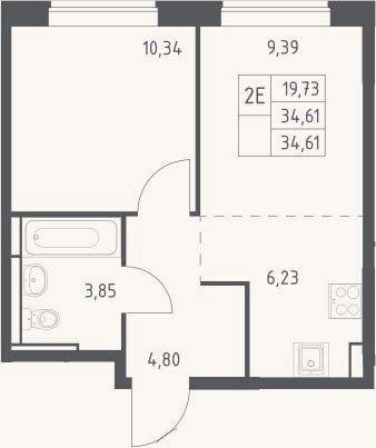 Планировка: 2-к, 34,6 м²