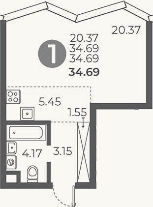 Планировка: Студия, 34,7 м²