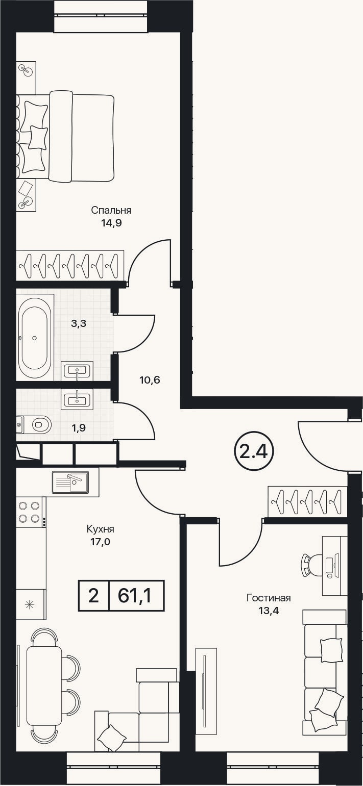 Планировка: 2-к, 61,1 м²