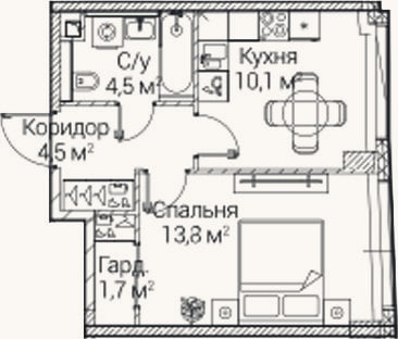 Планировка: 1-к, 34,6 м²