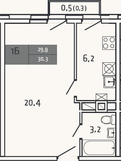 Планировка: 1-к, 29,8 м²