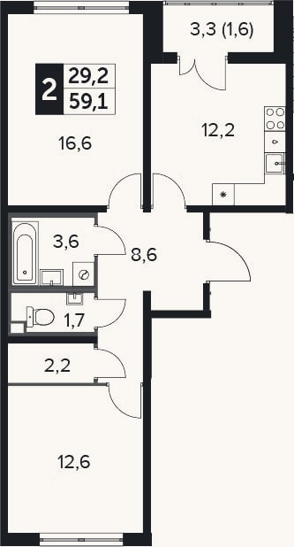 Планировка: 2-к, 58,9 м²