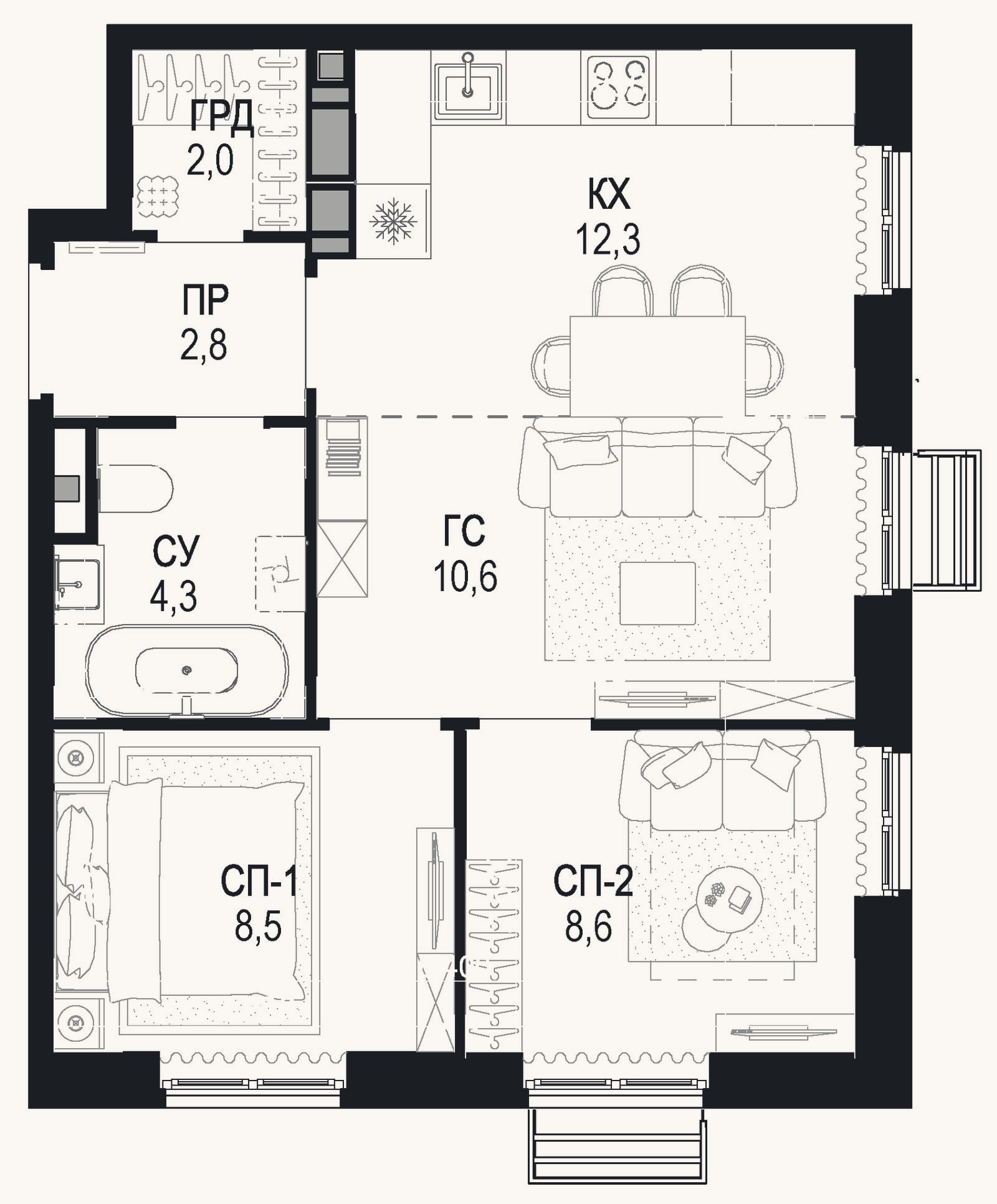 Планировка: 3-к, 49,1 м²