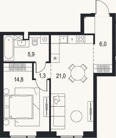 Планировка: 2-к, 49 м²