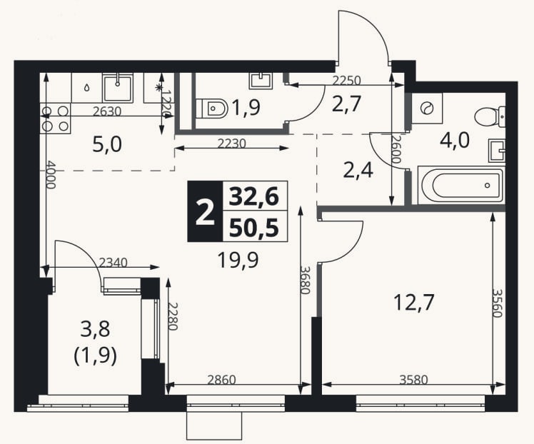 Планировка: 2-к, 48,6 м²