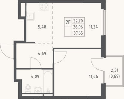 Планировка: 2-к, 37 м²
