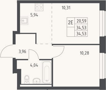 Планировка: 2-к, 34,5 м²