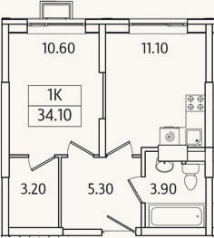 Планировка: 1-к, 34,1 м²