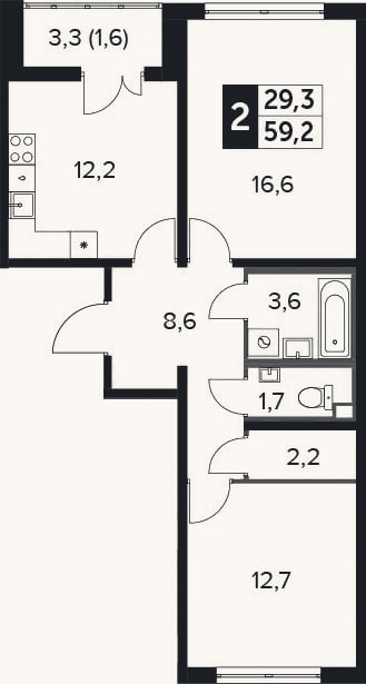 Планировка: 2-к, 58,9 м²