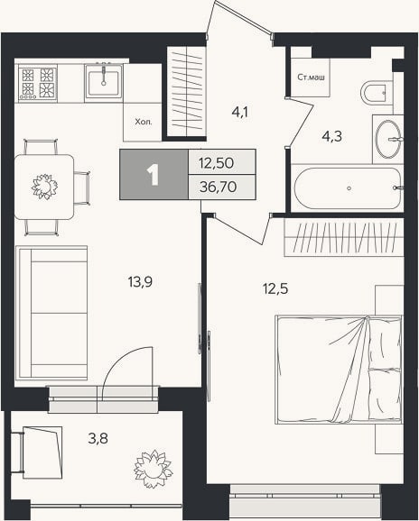 Планировка: 1-к, 34,8 м²