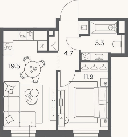 Планировка: 1-к, 41,4 м²