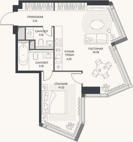 Планировка: 2-к, 58,6 м²