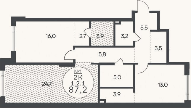 Планировка: 3-к, 87,2 м²
