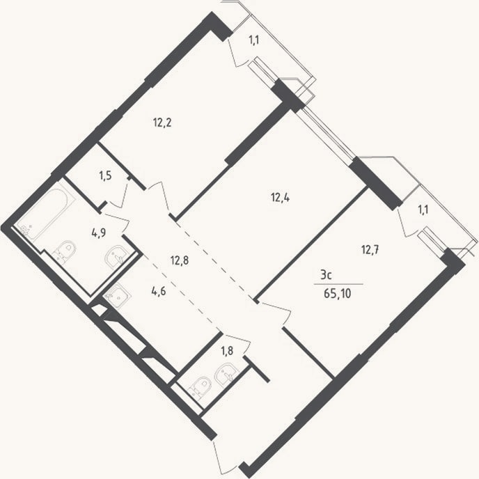 Планировка: 3-к, 62,9 м²